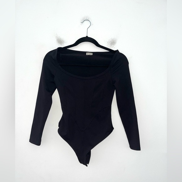 Intimately Free People Black Thong Corset Bodysuit Long Sleeve Scoop Neck XS - Picture 5 of 8
